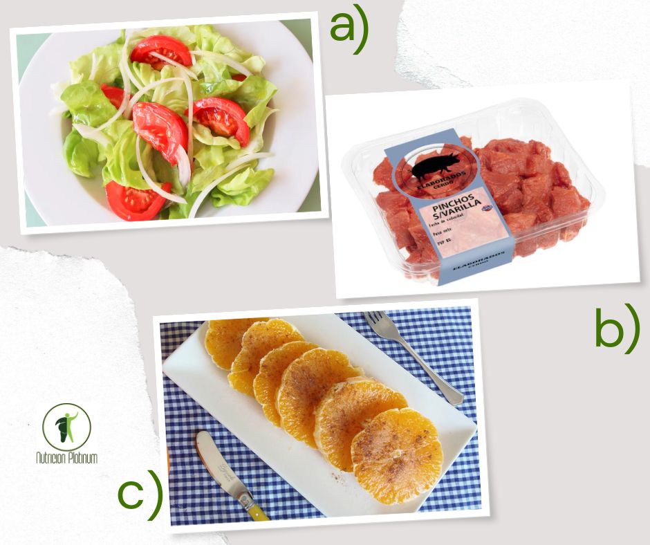 Ensalada de lechuga y tomate con pinchos de cerdo y naranja con canela tamaño PUÑO.